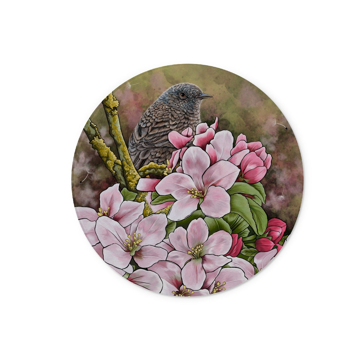 Circular Dunnock and Blossom Glass Worktop Saver, Dunnock perched among pink blossom