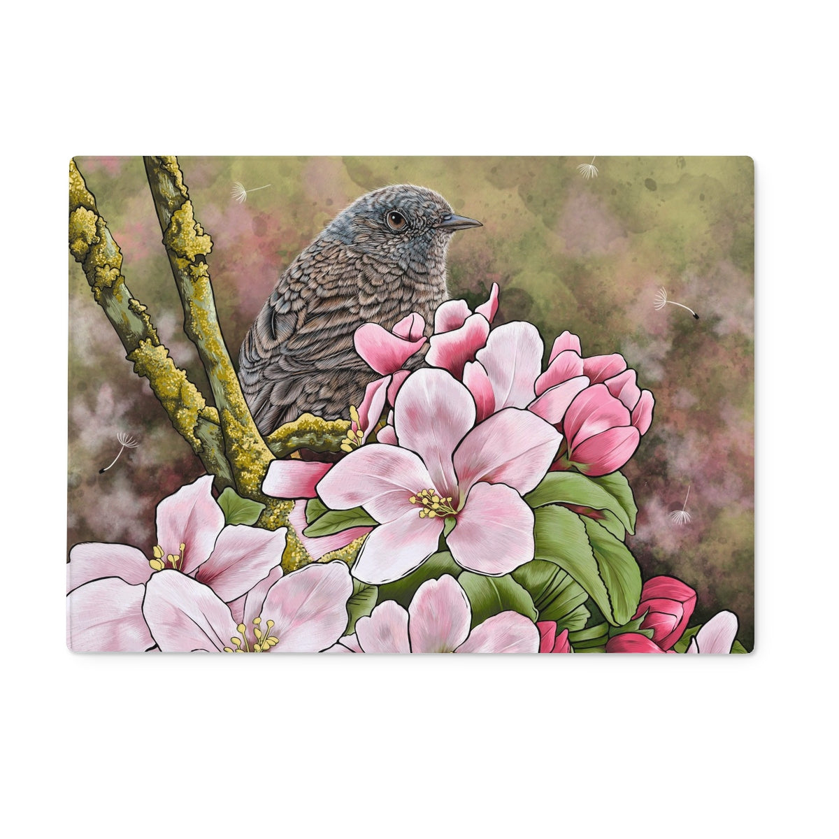 Rectangular Garden Bird Tempered Glass Chopping Board, Dunnock perched among pink blossom on a glass cutting board