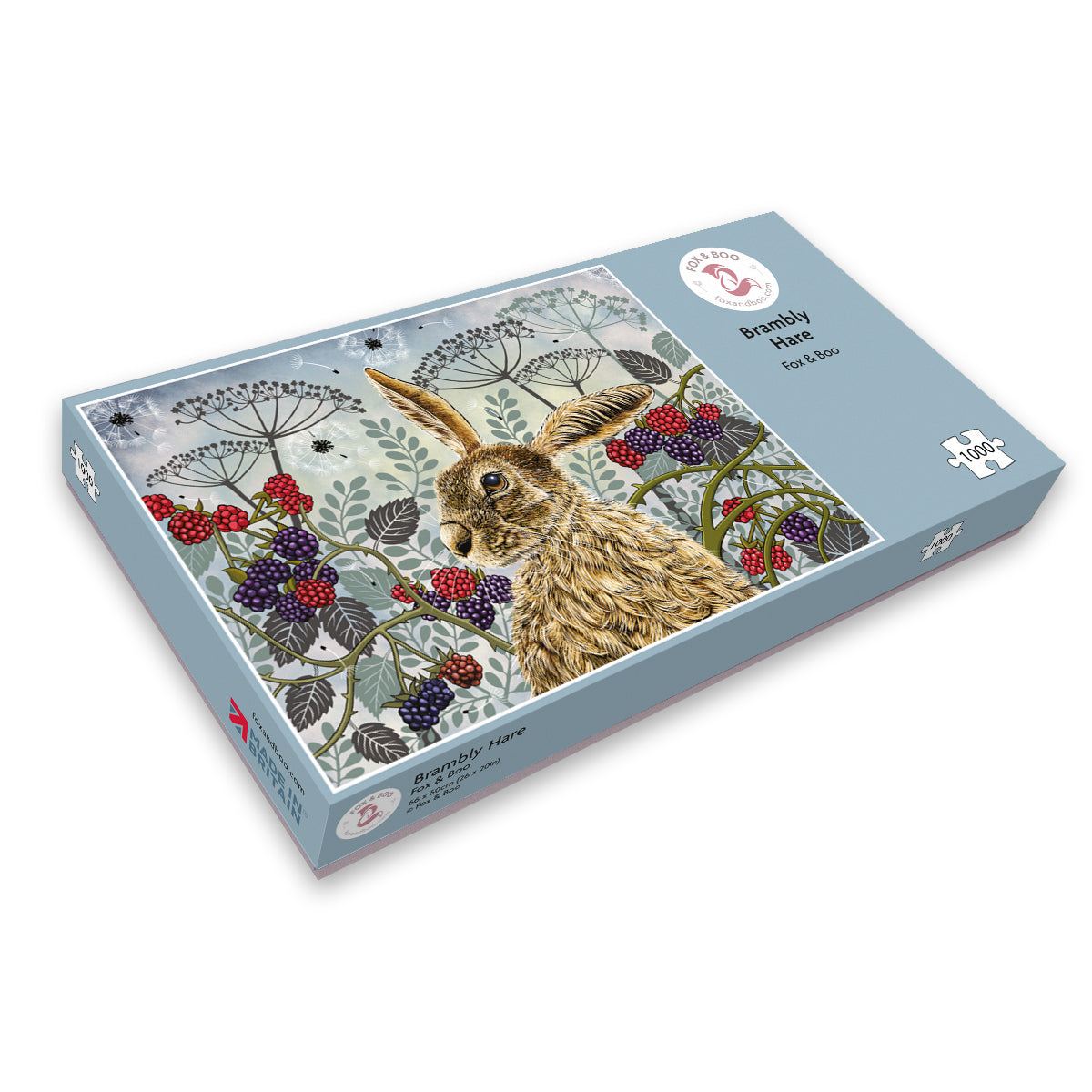 Hare Jigsaw puzzle by Fox and Boo featuring a hare among brambles and berries in a woodland setting.
