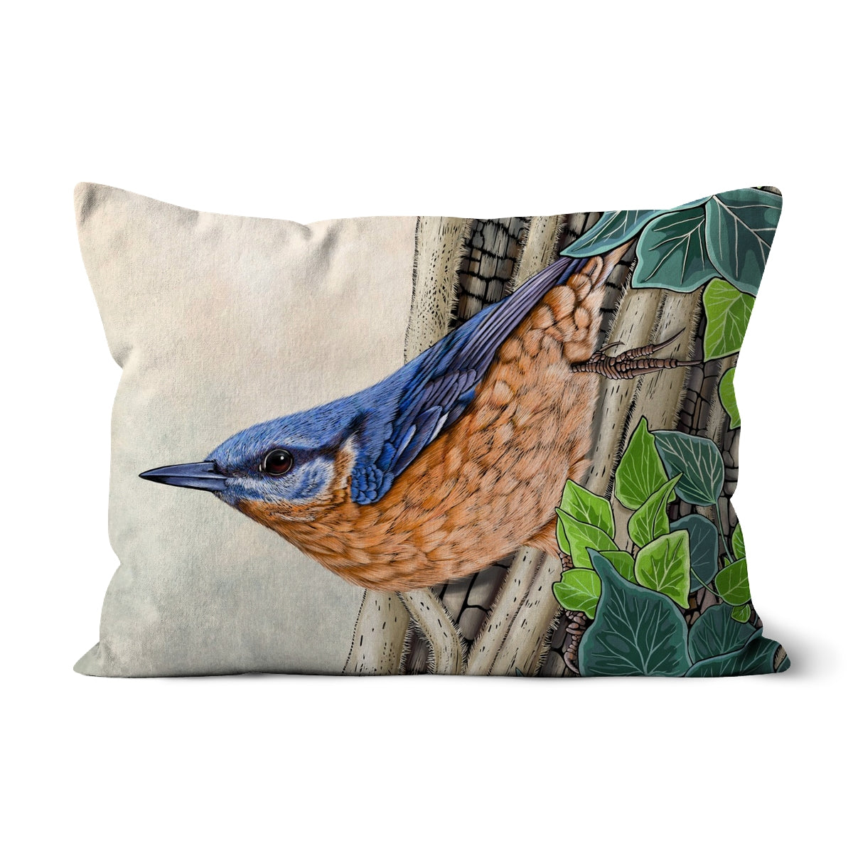 This cushion features a beautifully illustrated nuthatch creeping down a tree trunk surrounded in ivy, design by fox and boo.