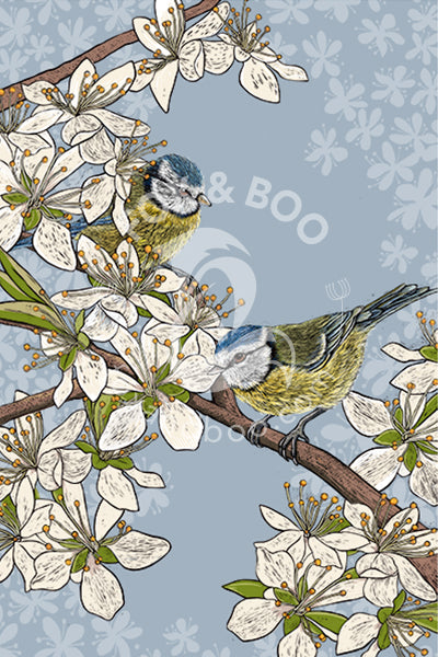 Blue tits tea towel by Fox and Boo, designer homeware and gifts. Two cute blue tits perched in hawthorn blossom with blue background.