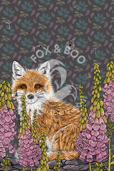 Fox Tea Towel designed by Fox and Boo, heavyweight cotton, Fox sitting behind log surrounded by Foxgloves, Oak leaf background