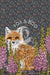 Fox Tea Towel designed by Fox and Boo, heavyweight cotton, Fox sitting behind log surrounded by Foxgloves, Oak leaf background