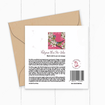 Greeting Card by Fox and Boo featuring Blue Tits in a hawthorn blossom with a salsa pink background - reverse