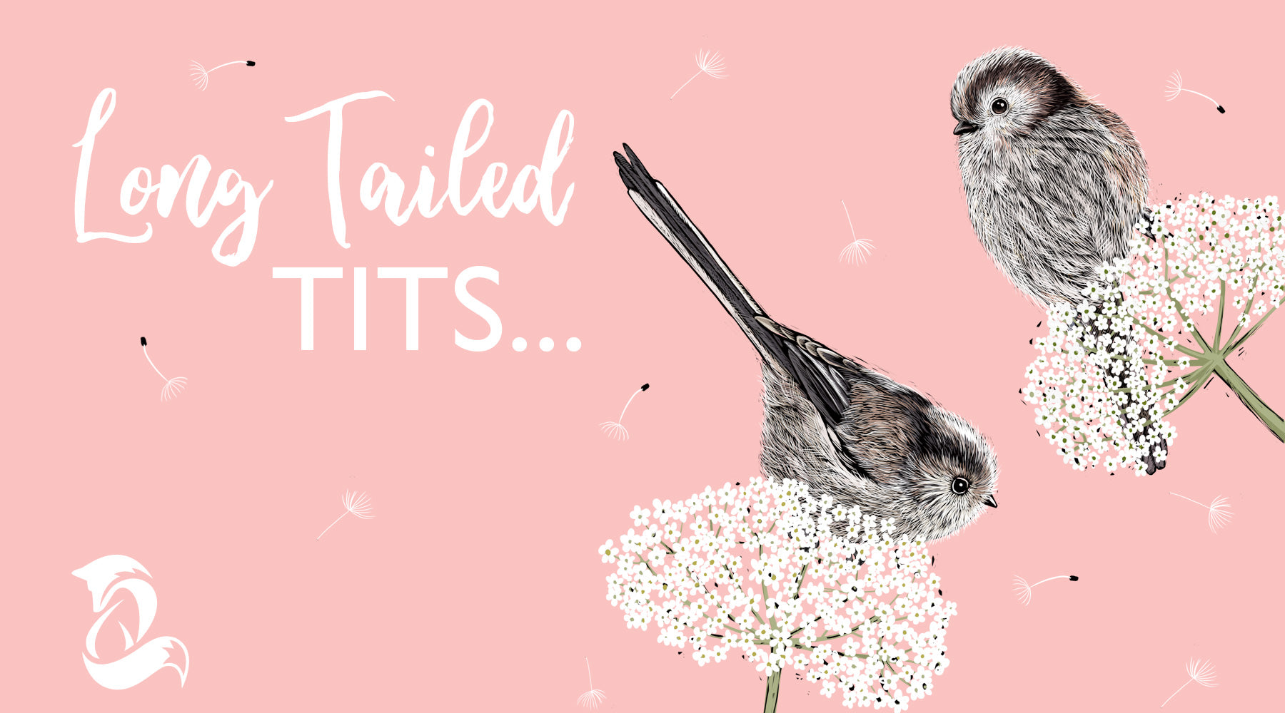 Fox and Boo; Designer Homeware and Greetings; Slider image of Long Tailed Tits design with overlay text 'Long Tailed Tits''
