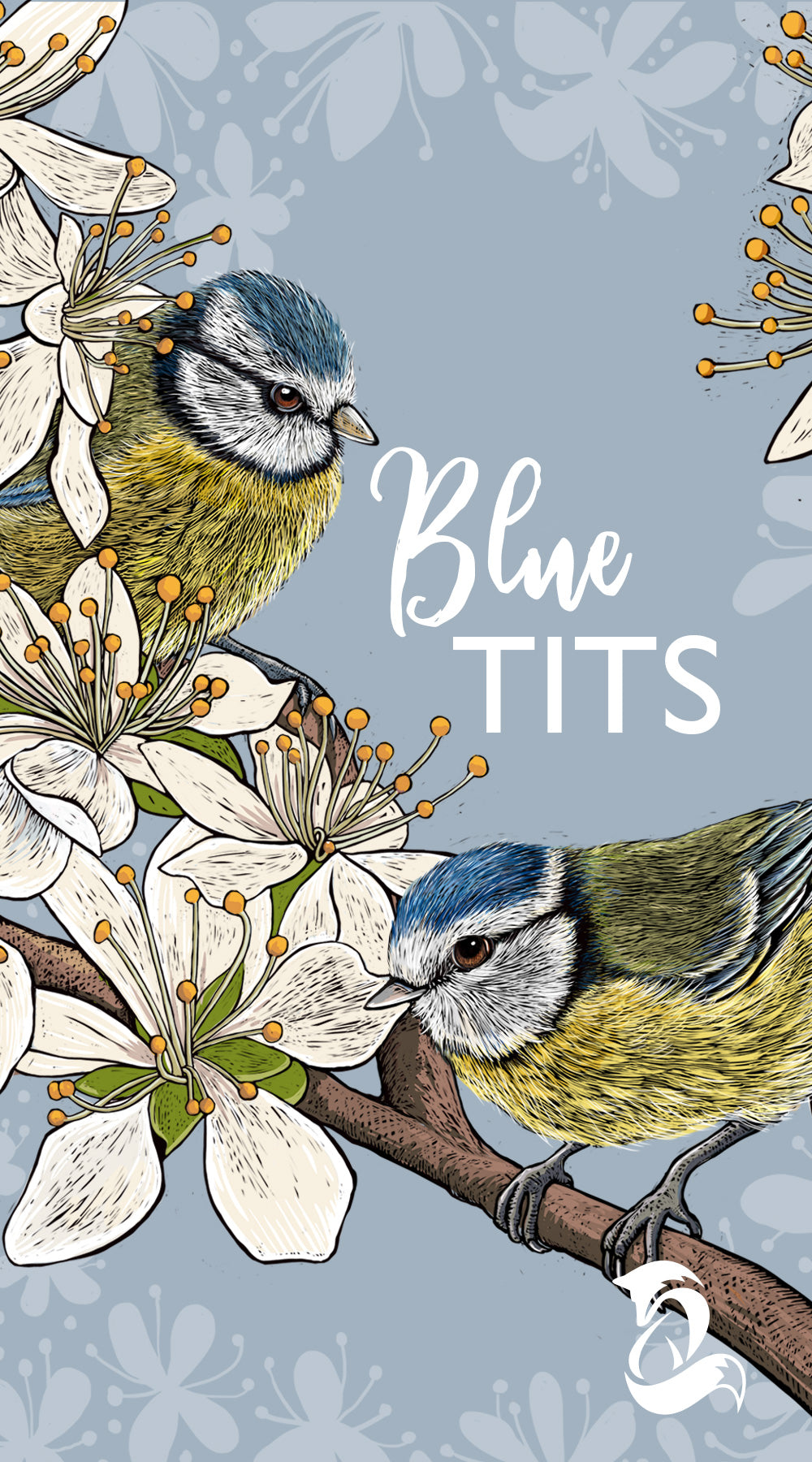 Fox and Boo; Designer Homeware and Greetings; Slider image of Blue Tits design with overlay text 'Blue Tits'