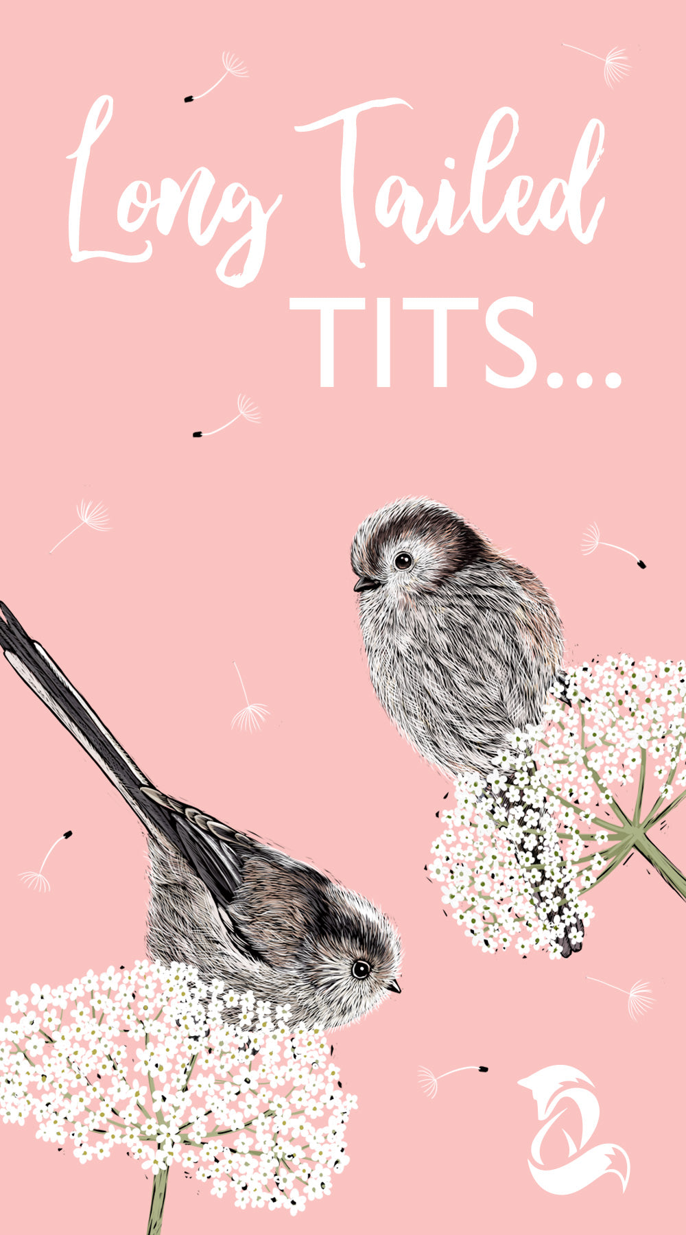 Fox and Boo; Designer Homeware and Greetings; Slider image of Long Tailed Tits design with overlay text 'Long Tailed Tits'