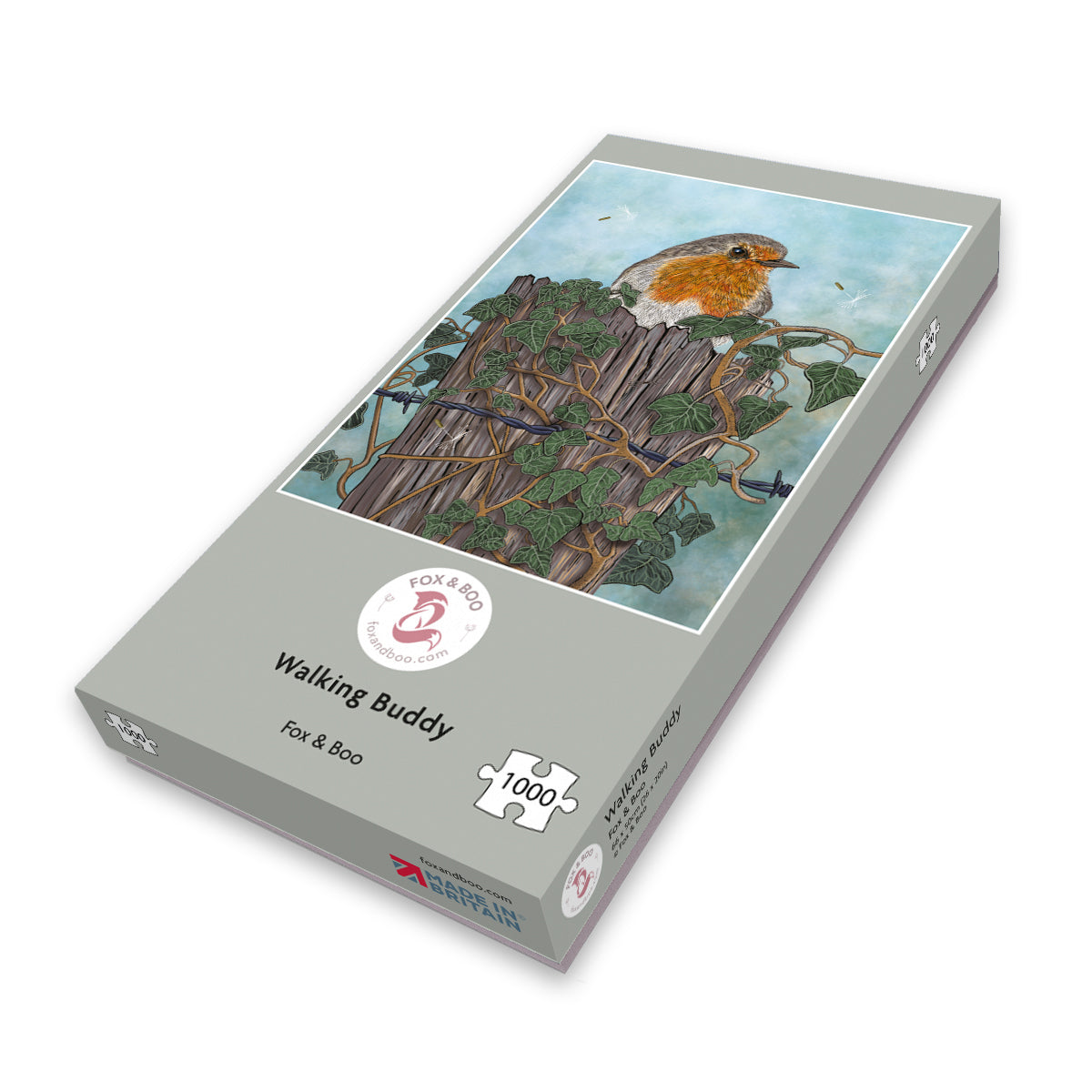 Sustainable Robin jigsaw puzzle by Fox and Boo with a Robin perched on a post surrounded by ivy.