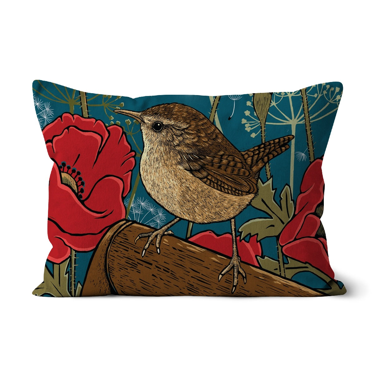 Poppies and Wren Cushion: Cute little wren perched on spade, poppies surround