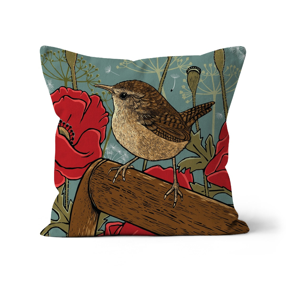 Poppies and Wren Cushion: Cute little wren perched on spade, poppies surround