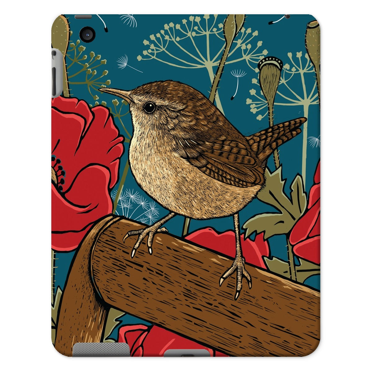Poppies and Wren design on tablet case, to buy