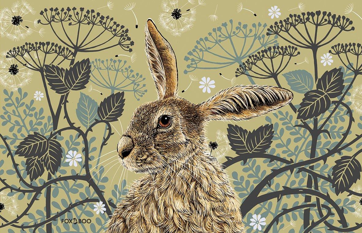 Decorative Hare Tea Towel - Olive - Fox &amp; Boo