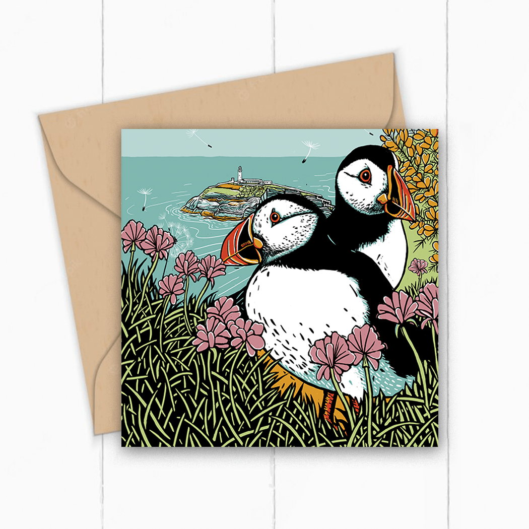 Clifftop Puffins Greeting Card designed by Fox &amp; Boo