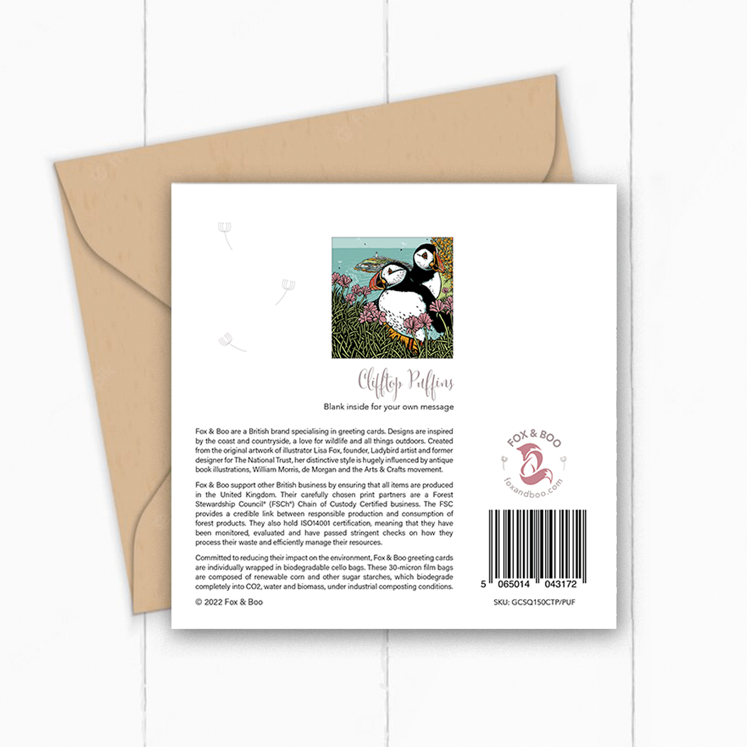Clifftop Puffins Greeting Card designed by Fox &amp; Boo