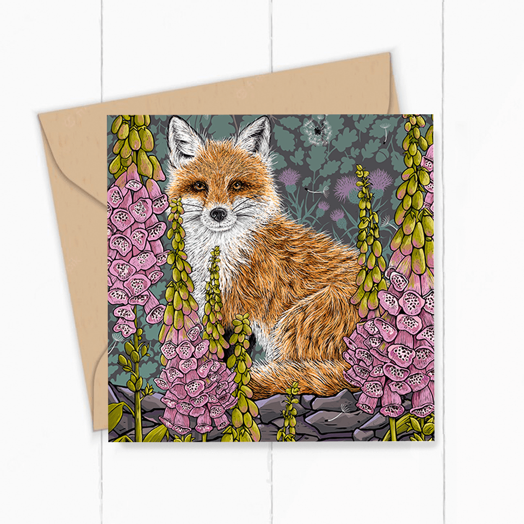 &#39;Fox Love&#39; Greeting card by Fox and Boo; Fox seated with tall foxgloves all around him; oak leaf and thistle background