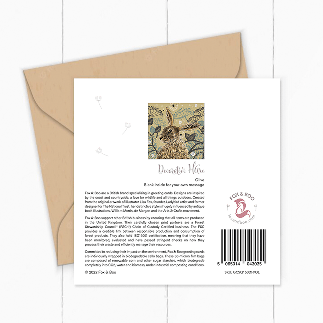 Decorative Hare Greeting Card - Olive - Fox &amp; Boo