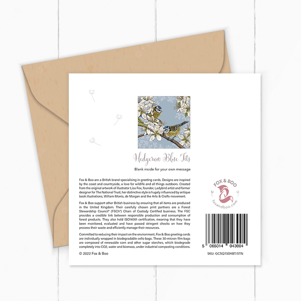 Greeting Card by Fox and Boo featuring Blue Tits in a hawthorn blossom with a blue grey background - reverse