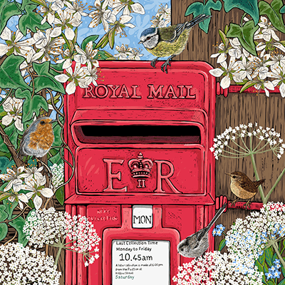 &#39;Last Post&#39;; Greeting card design with British ER II postbox with wild birds surrounding.