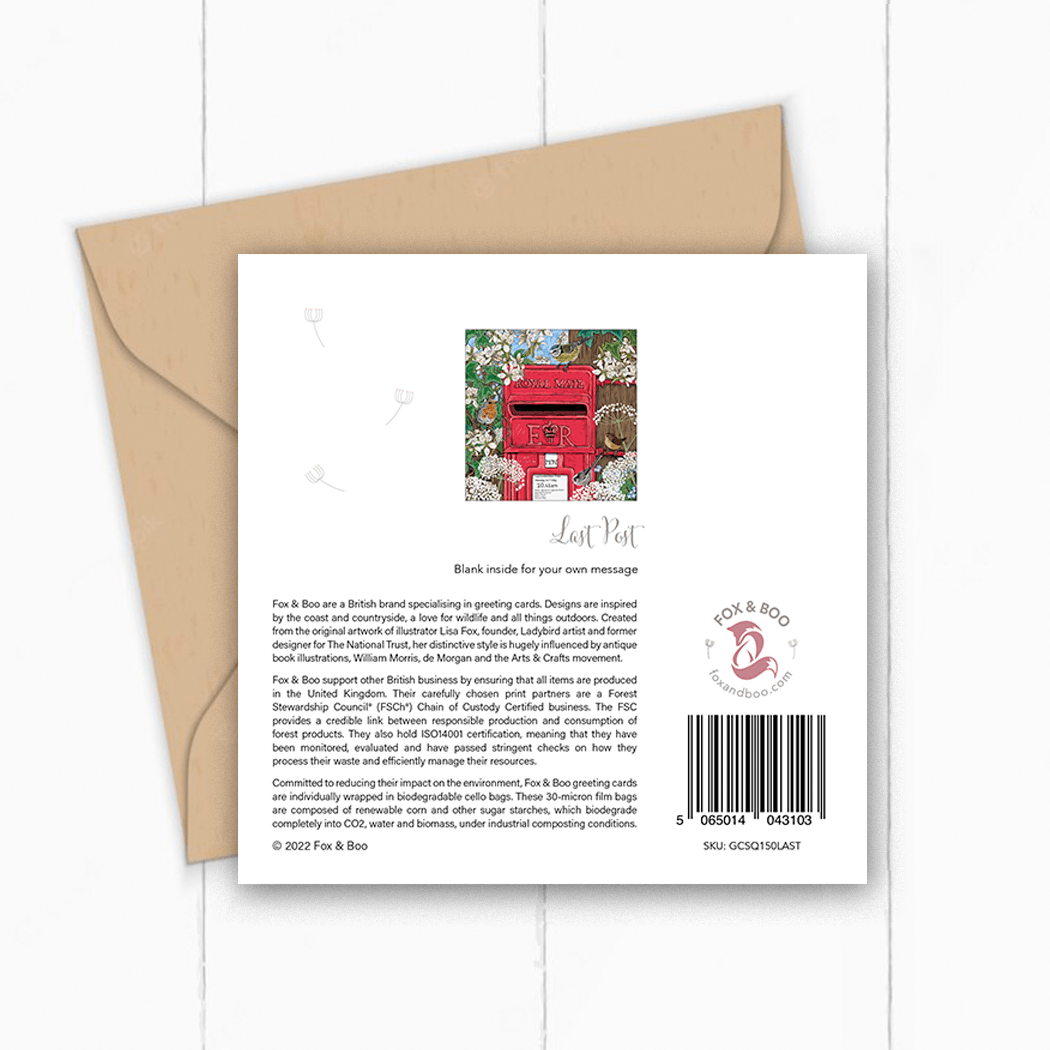&#39;Last Post&#39;; Greeting card design with British ER II postbox with wild birds surrounding.