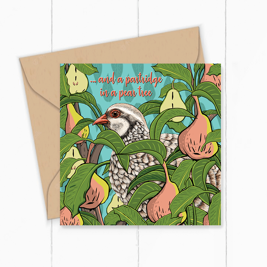Partridge in a Pear Tree card by Fox and Boo, Bold leaves and pears surround the partridge and a faded leafy background