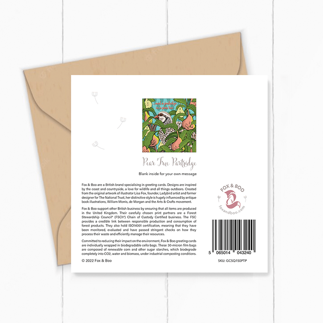 Rear view: Partridge in a Pear Tree card by Fox and Boo, Bold leaves and pears surround the partridge and a faded leafy background
