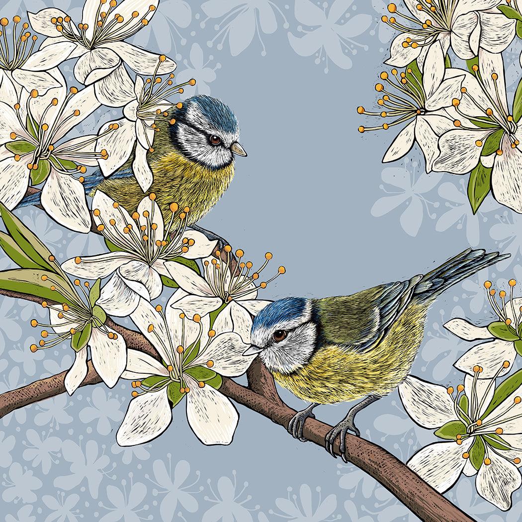 Greeting Card by Fox and Boo featuring Blue Tits in a hawthorn blossom with a blue background