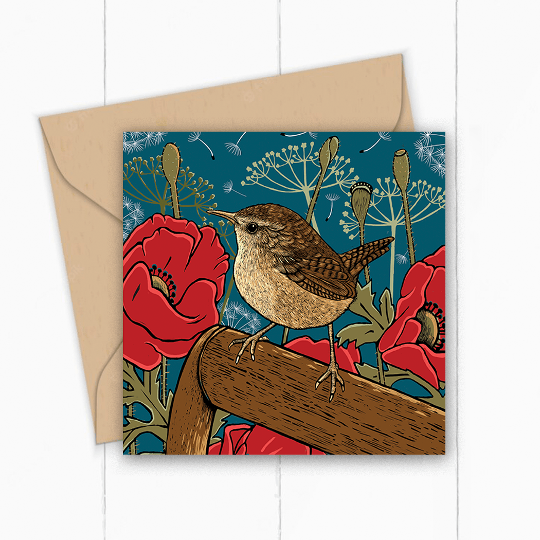 Poppies and Wren Card - Ocean