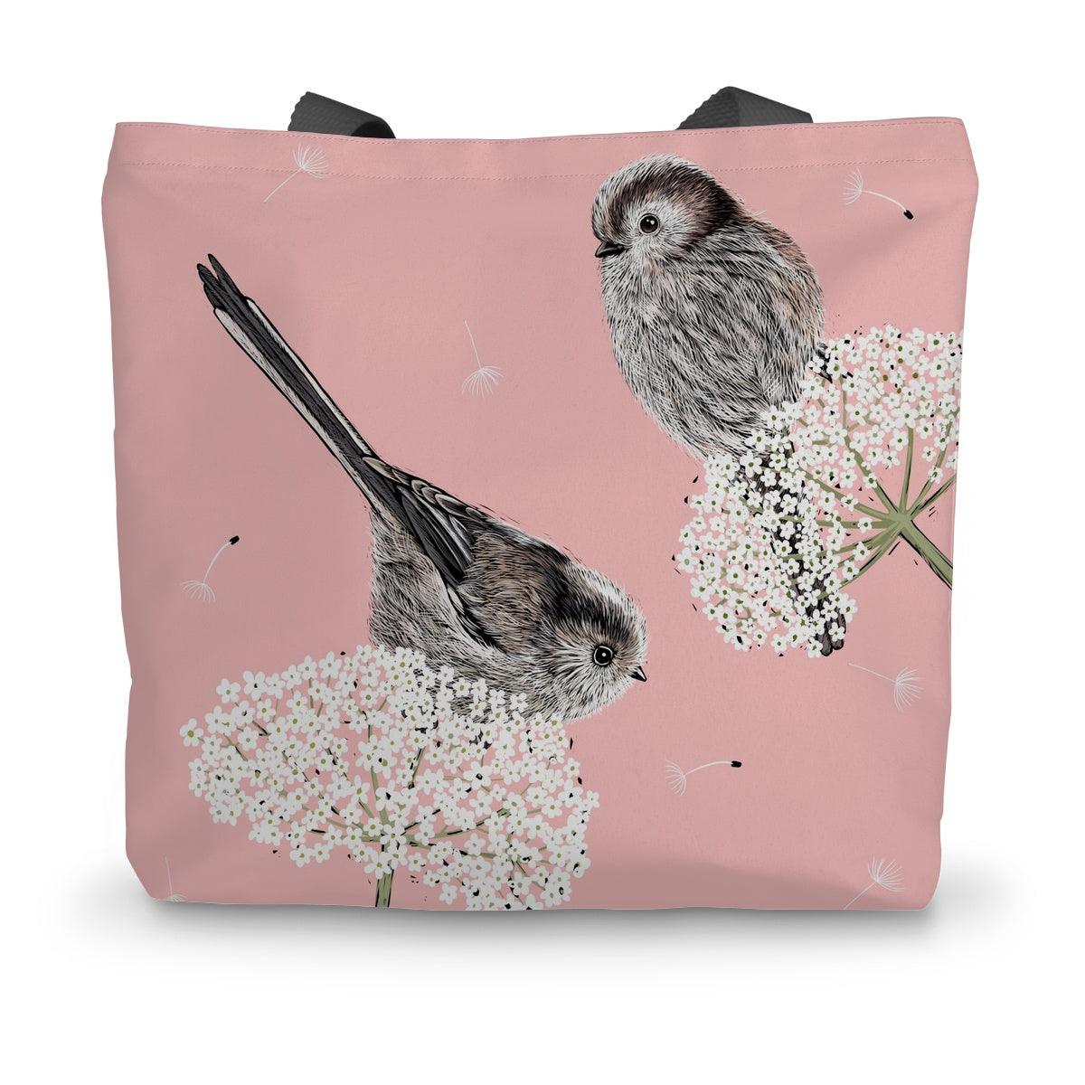Long Tailed Tits tote bag, perched on cow parsley;  Illustrated design by Fox and Boo.