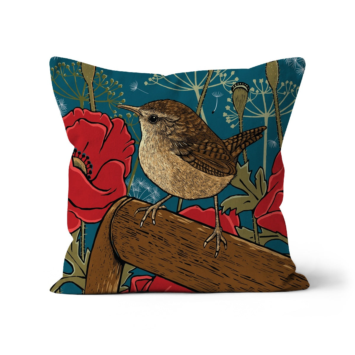 Poppies and Wren Cushion: Cute little wren perched on spade, poppies surround