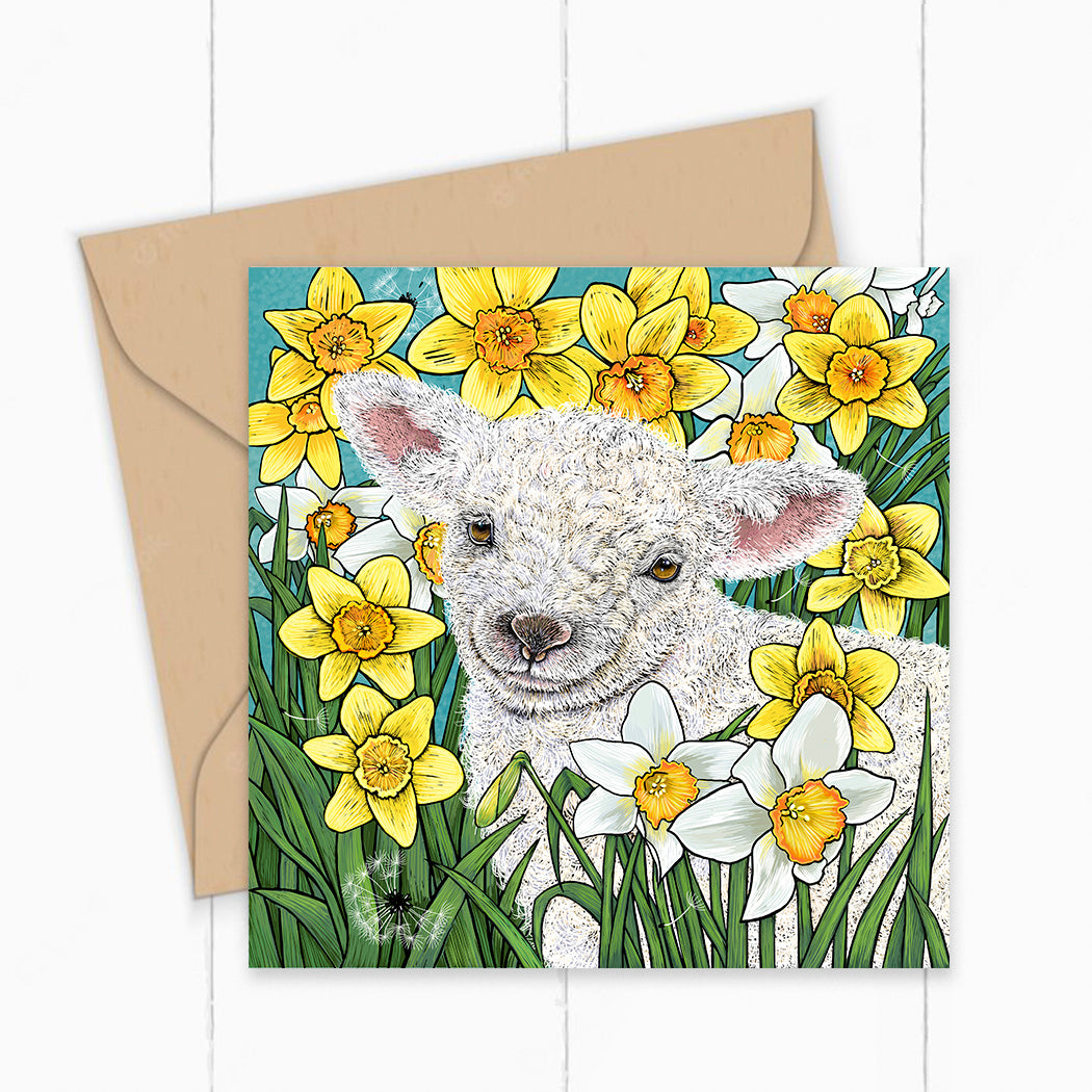 Lamb greeting card, surrounded by spring daffodils, designed by fox and boo